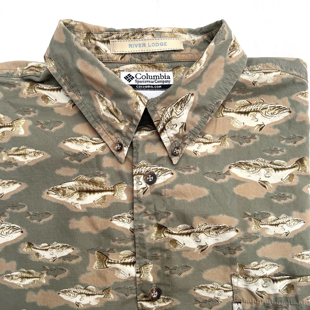 Columbia XXL Vintage Fish Pattern Shirt Short Sleeve Button Down Cotton